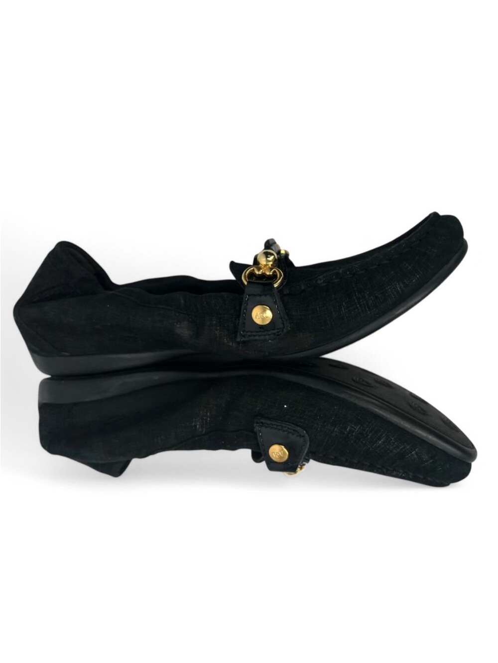 AGL Black Suede Driving Loafer Ballet Flats Nubuck Gold Horse Bit Accent US 7 - Picture 3 of 6